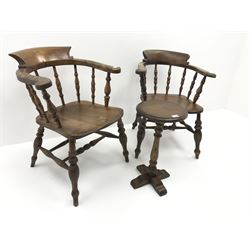 Pair Victorian elm captains chairs, shaped cresting rail, turned supports joined by double 'H' stretcher (W62cm) and a mahogany pedestal table (2)