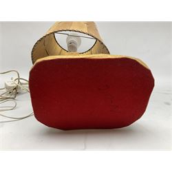 Mid 20th century Paul Caron carved table lamp, modelled as man standing before an oven, the chimney supporting the panelled shade, the base signed P.E. Caron, H42cm