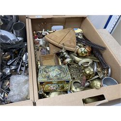 Assorted metal ware, to include tray, mugs, various flatware, small group of brass, and assorted ceramics including two horse figures, teapot, plates, vases, etc., in four boxes 