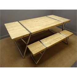  Industrial style rectangular pine dining table on angular polished metal supports (202cm x 90cm, H75cm), and pair matching benches  
