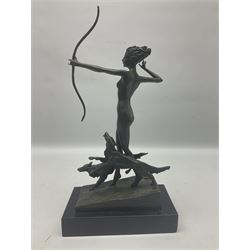 Art Deco style bronze of Artemis, modelled as a nude female figure holding a bow, with two dogs,  after 'Lorenzl', with foundry mark,  H35cm