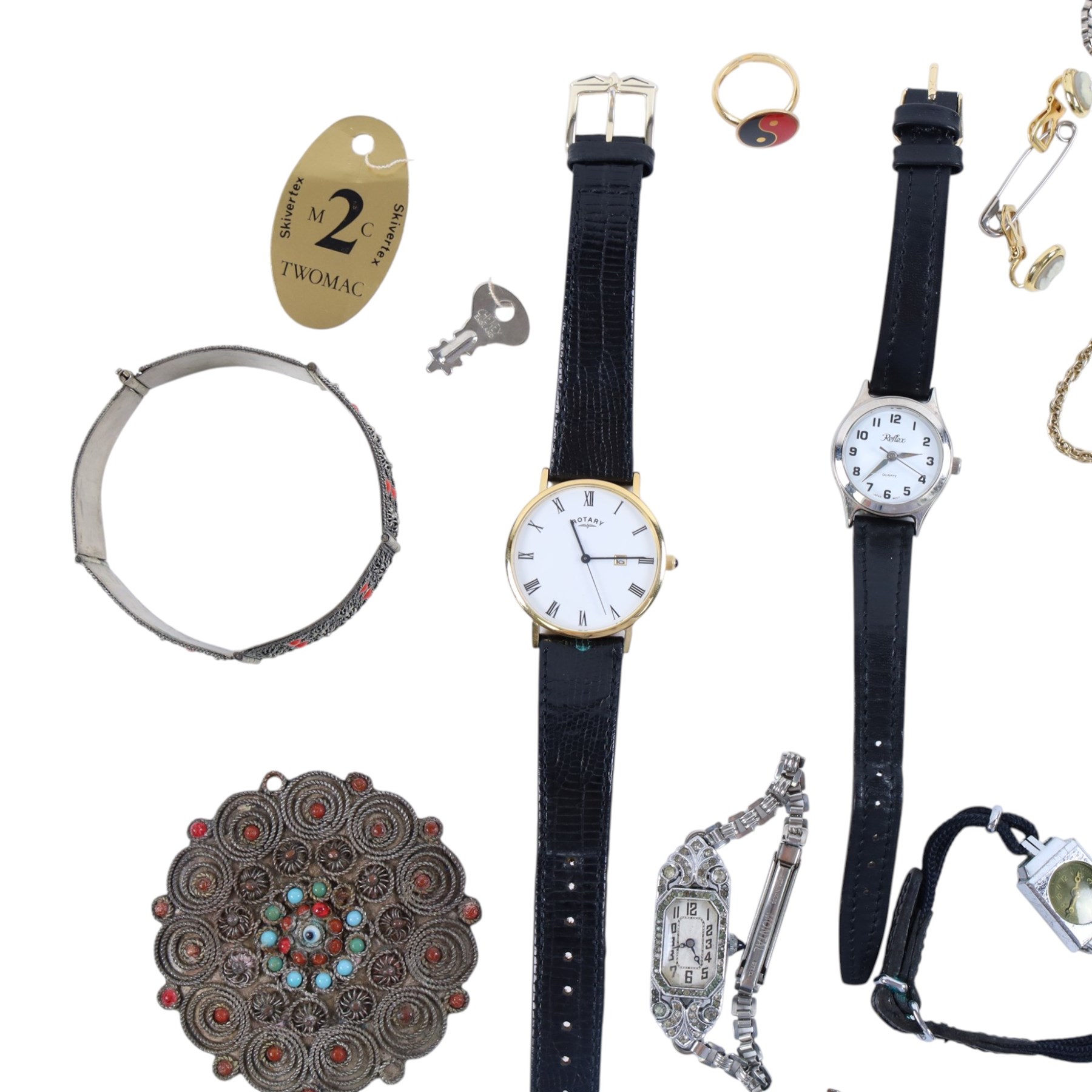 Silver paste cocktail watch, silver mounted Scottish hardstone bracelet links, Rotary wristwatch and other costume jewellery