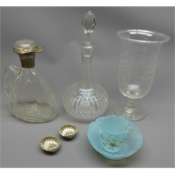  19th century and later glass including a clear glass decanter with silver mount, Chester 1911, blue glass jug & saucer with gilded decoration with monogram c1895, celery vase, decanter and a pair of silver-plated salts   
