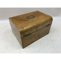Victorian walnut travelling case, velvet lined interior, lift out trays and a selection of various jars and bottles, with silver plated lids, H18cm, L30cm