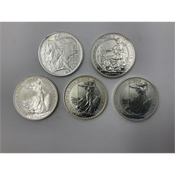 Five Queen Elizabeth II United Kingdom one ounce fine silver Britannia two pound coins dated 2002, 2003, 2004, 2005 and 2006