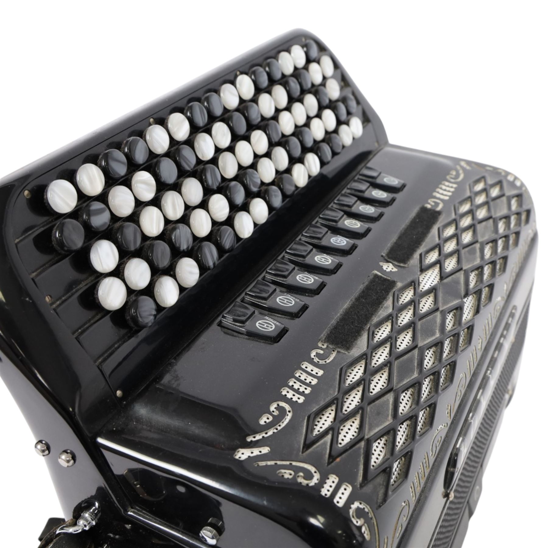 Borsini Professional 5-Row Chromatic button accordion, with 92 white pearlescent chromatic buttons and 136 bass buttons, possibly a custom model, in black high gloss case, with carry strap and original hard carrycase