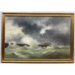 Edouard Adam (French 1847-1929): Lighthouses at 'Le Havre', oil on canvas signed titled and dated 1907, 59cm x 91cm