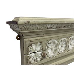 Victorian green and white painted mirror, rectangular bevelled plate within a moulded frame carved in relief with a continuous band of flowerhead roundels, the upper section with stepped cornice and leaf carved frieze  