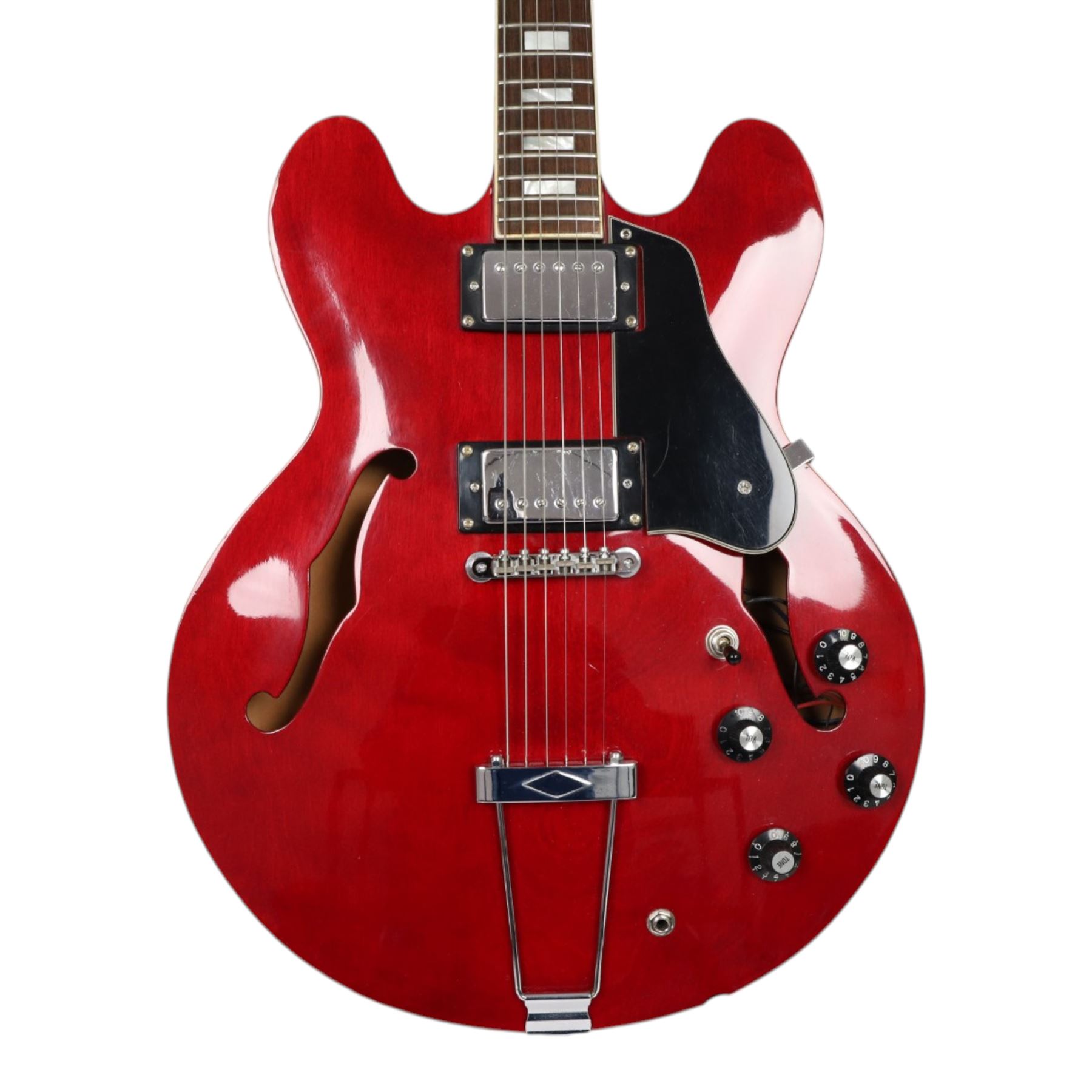 1970s 'lawsuit era' CMI Marshall ES-335 a Japanese-made copy of the Gibson ES-335, semi-hollow body electric guitar in cherry red finish, contained within a fitted hard case, guitar length L106cm