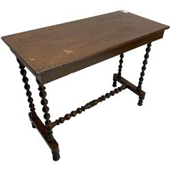 Victorian walnut stretcher table, rectangular top, bobbin-tuned supports on platforms united by stretcher, on turned feet