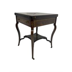 Edwardian inlaid rosewood envelope top card table, the folding top opening to reveal baize interior and counter wells, fitted with single drawer, on cabriole supports joined by undertier, brass and ceramic castors