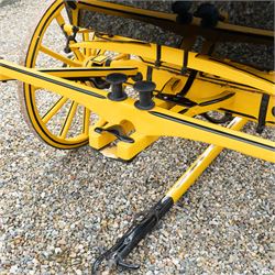 Roof Seat Break by Shanks of London

A roof seat break by Shanks of London built on a perch in black and yellow livery, the body fitted with an elevated driver's box seat, elevated rear groom's seat and central passenger compartment. The carriage is mounted on wooden spoked wheels with leaf spring suspension and is equipped with louvred underbody storage compartments, carriage lamp brackets (lamps next lot), folding access steps and a pole for driving with a pair or team of horses. The wheel hubs are stamped 