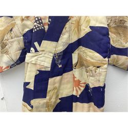 1930s Japanese fully lined kimono decorated with Japanese naval vessels and bi-planes, Japanese, American and British flags and dated 1935; looks to be child's size