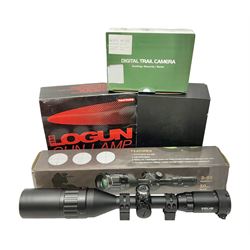 Four shooting accessories - Riflescope 3-9 x 50 scope; Digital Trail Camera; Megaorei M3 night sight add on; and Logan Gun Lamp; all boxed (4)