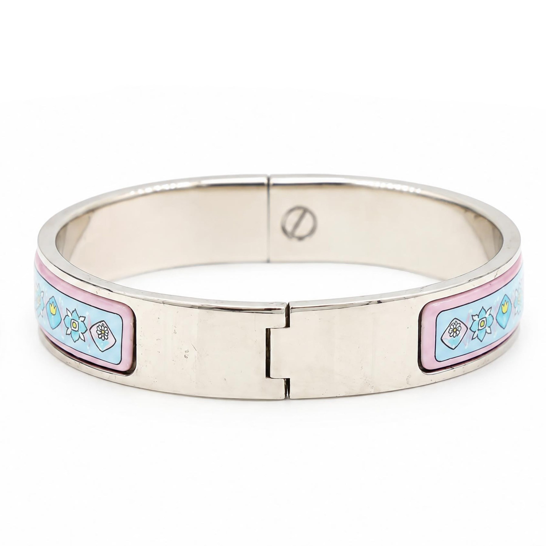 Hermès Clic Clac enamel bracelet, blue and pink flower design, boxed