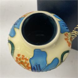 Moorcroft vase, of waisted form, decorated in the Cambrian Blue pattern by Kerry Goodwin, circa 2011, H14cm, with original box 