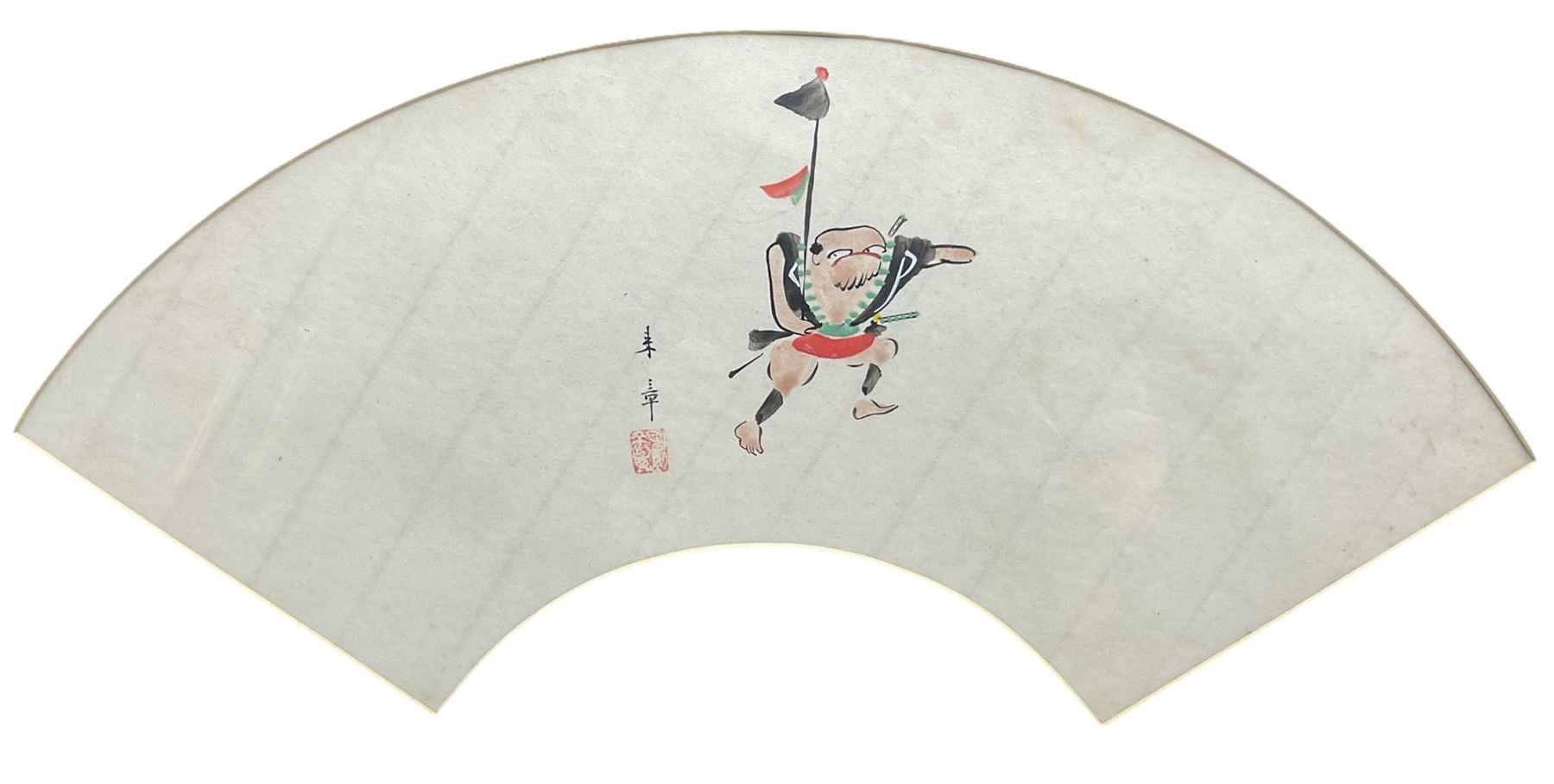 Nakajima Raisho (Japanese 1796-1871): Figure with Flagpole, watercolour designed for a fan signed with artists seal 15cm x 47cm