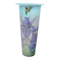Dennis Chinaworks, Iris vase, by Sally Tuffin, dated 2002, cylindrical form with flared rim, decorated with irises and bees upon blue green ground, signed and stamped beneath, H29cm
