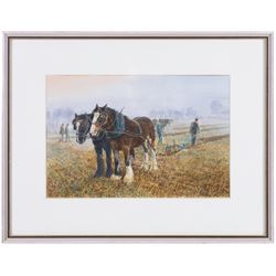 John Cecil Lund (British 1932-): Draught Horses Ploughing, watercolour signed 20cm x 30cm 