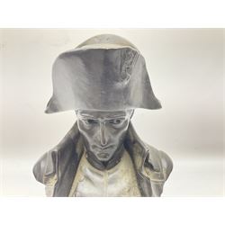 Bronze bust modelled as Napoleon, head and shoulders, wearing his hat and with open collar, on a tapering square section base, marked to the reverse 'Lecomte '82', H36cm