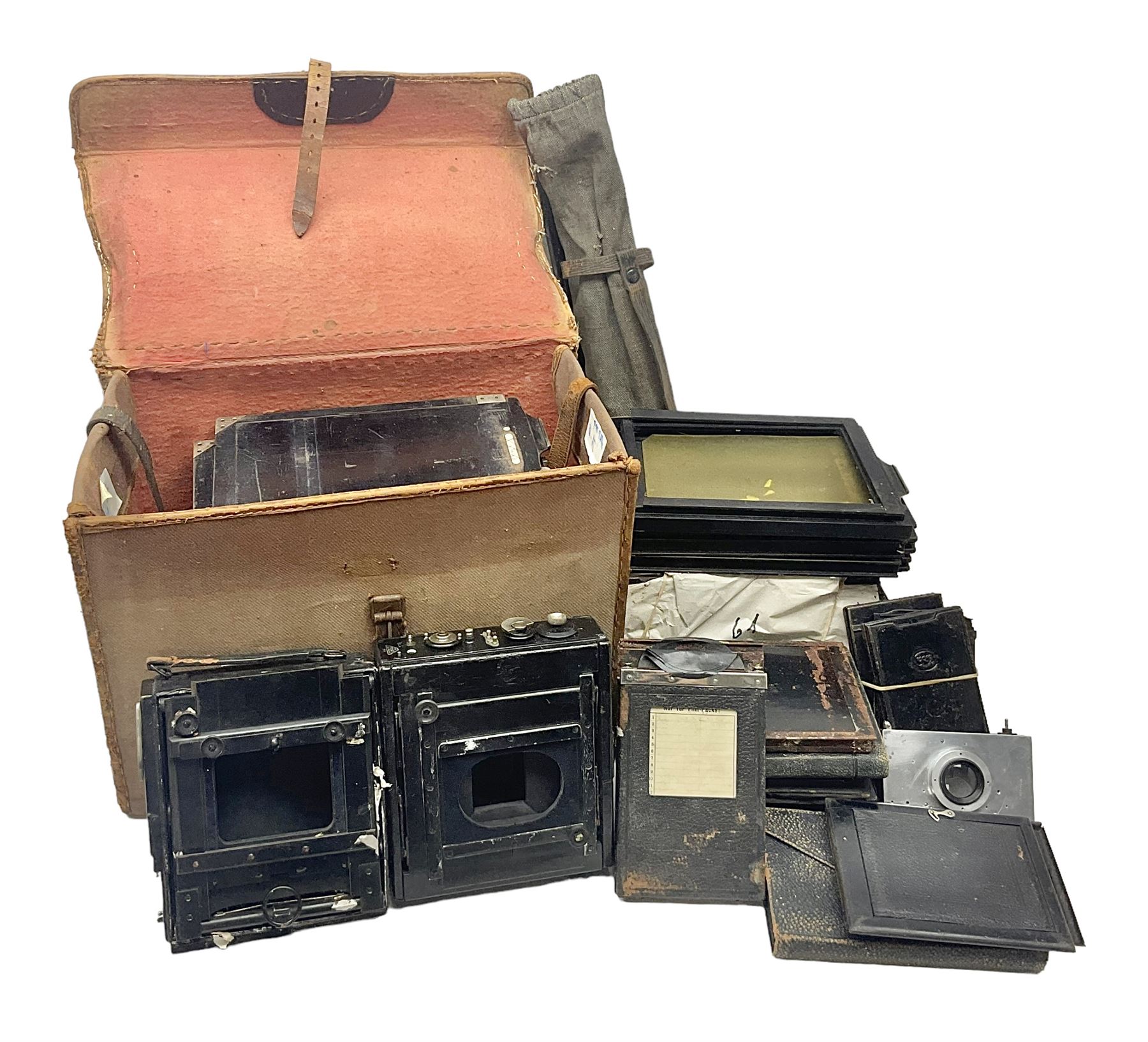 Contessa-Camera Werke folding camera, together with Hirrlinger folding camera, additional plates, two tripods and other accessories 