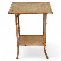 Early 20th century mahogany side table; with bedside cabinet, shaped rectangular top on barley twist supports united by stretchers (H 72cm, W 42cm, D 45cm), together with a Late Victorian tiger bamboo occasional table, rectangular two-tier form with woven cane surfaces, the upper tier with raised edge above splayed supports with naturalistic jointing (H 70cm, W 52cm, D 36cm)