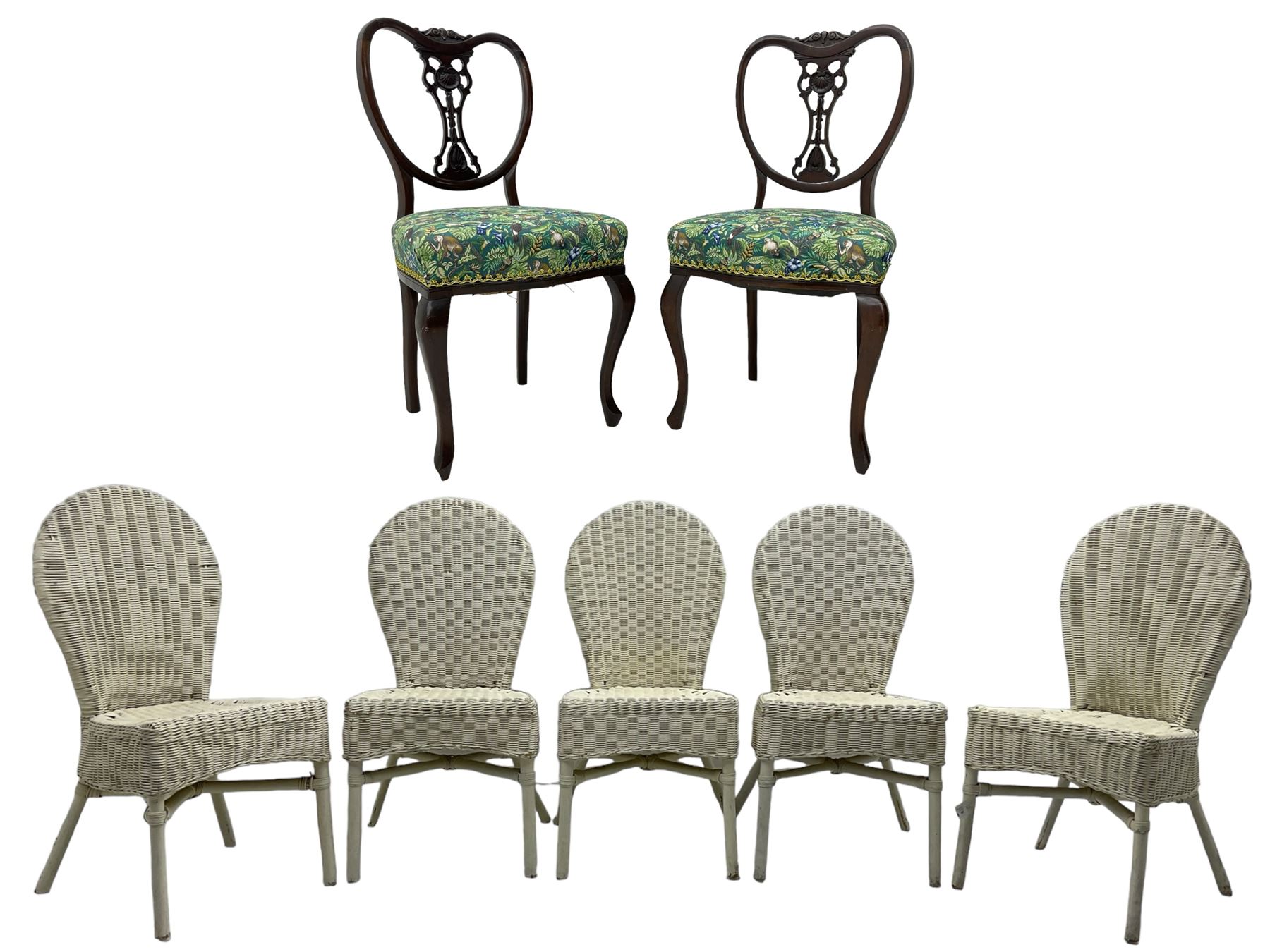 Set of five white painted wicker chairs; together with two late Victorian chairs  