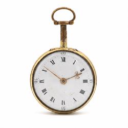 George III gilt pair cased verge fusee pocket watch by Thomas Lyon, London, No. 1902, engraved balance cock decorated with a mask, white enamel dial with Roman numerals and bull's eye glass