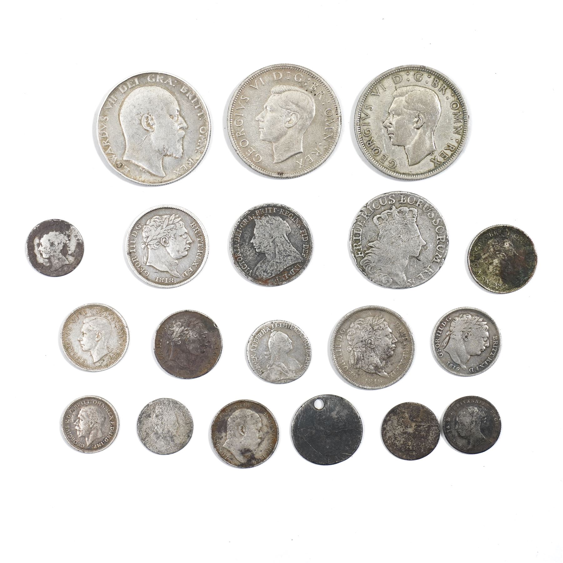 Collection of George III and later silver coinage including George III 1816 and 1818 silver shilling, Frederick II the Great 1765 six-Groschen, Catherine II 1768 Grivennik coin and others (19)