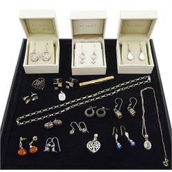 Collection of silver and silver stone set jewellery including earrings, chain necklace, heart locket pendant, gold-plated tie pin, cufflinks etc 