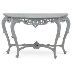 Early 20th-century Rococo revival-style console table, white serpentine-shaped marble top with moulded edge, frieze with openwork scrolling foliage, rocaille shells and deep apron, stretcher with central carved cartouche with shell and foliate motifs, supported on four cabriole legs, knees carved with acanthus leaf and terminating in scroll feet 