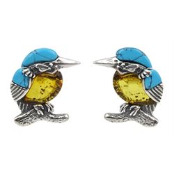 Pair of silver amber and turquoise kingfisher stud earrings, stamped 925