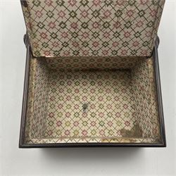 19th century rosewood Tunbridge Ware basket, of rectangular form with curved bentwood handle, and twin hinged sloping covers, lifting to reveal paper lined interiors, not including handle H5.5cm D10.5cm L18cm