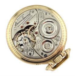 Illinois Watch Company gold-plated open face Elinvar 'Bunn Special' 161A, keyless 21 jewels motor barrel, lever railroad pocket watch, No. 5496567, white enamel dial with Arabic numerals and subsidiary seconds dial, screw back case No. 84465, model No. 107