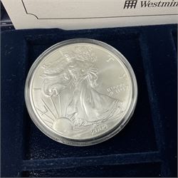 Four one ounce fine silver coins, forming 'The 2004 Famous World Silver Coin Collection', comprising United States eagle, Australian kangaroo, Chinese panda and Canadian maple leaf, cased with Westminster certificate 