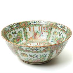 19th century Chinese Canton bowl decorated with panels of figures and flowers in famille r...
