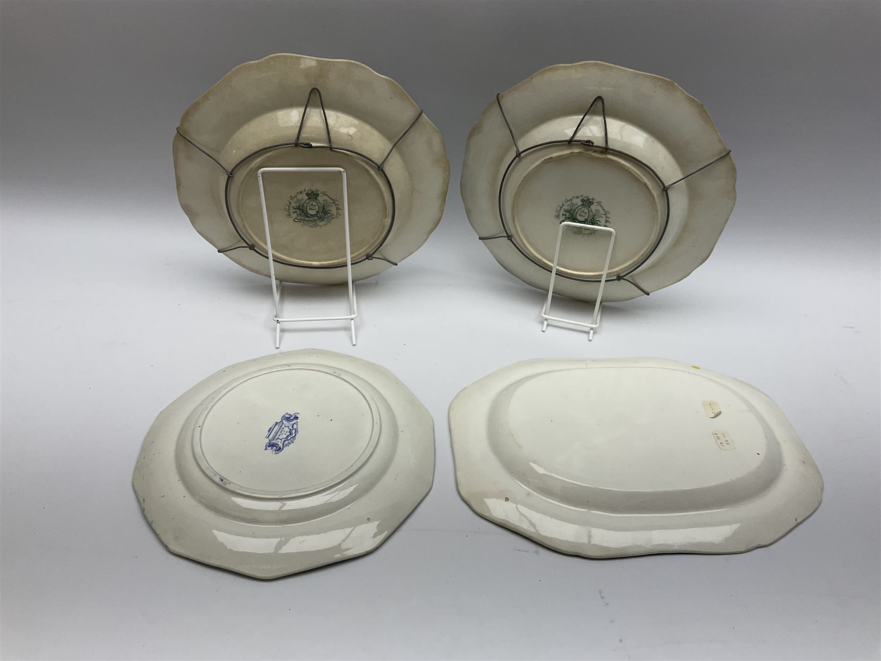 A pair of John Ridgway soup bowls, transfer printed in green with the Giraffe pattern, together with a group of other 19th century blue transfer printed wares, including a pair of Walmer pattern dinner plates. 