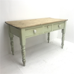 Victorian painted pine kitchen table, two long and one short drawer, turned supports, W131cm, H75cm, D61cm
