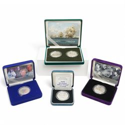 Four The Royal Mint United Kingdom silver proof five pound coins or sets, comprising 1990 ...