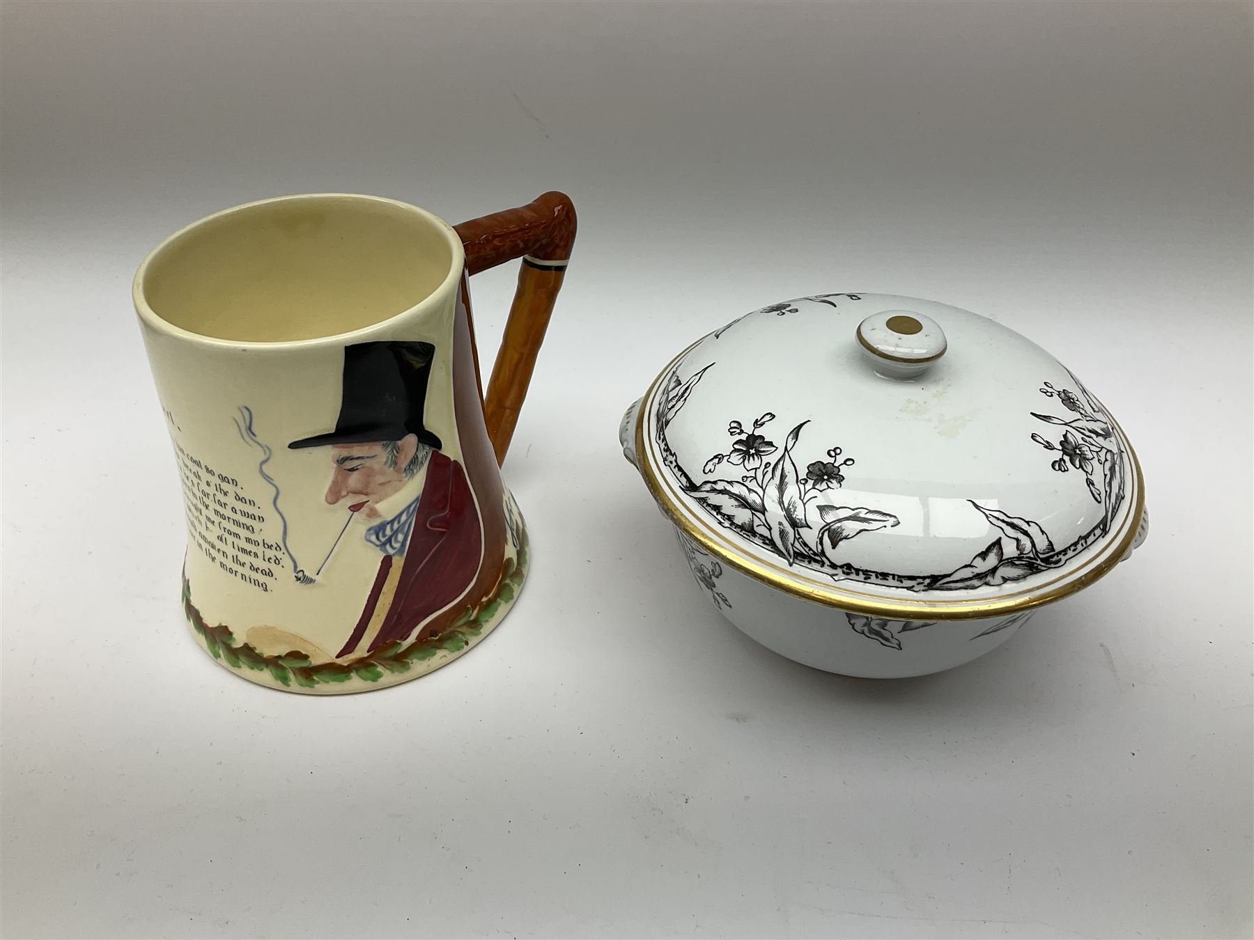 Two Royal Crown Derby pattern Imari soup bowls, pattern 2451, Belleek Fermanagh Ireland four piece set in green shamrock pattern, Royal Doulton small lady figure, Marie HN1370, large Wedgwood fruit bowl, Sylvac jardiniere in autumn leaves pattern, five pieces Co-operative Society commemorative ceramics, with selection of other ceramics. 