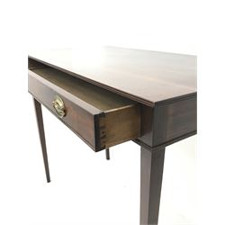 Georgian mahogany side table, single cock beaded long shallow drawer, square tapering supports 