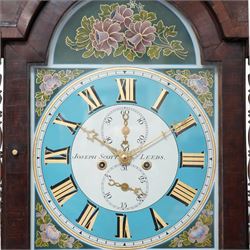 Joseph Scott of Leeds - 8-day oak and mahogany longcase clock c1865, with a swan necked pediment and wooden parterre, break arch hood door flanked by spindle turned pilasters, trunk with reeded quartered columns and a short door with a double spire top, on a deep plinth with crossbanding and raised on bracket feet, painted dial with gold 