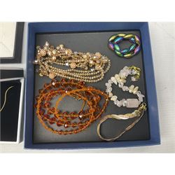 Silver-gilt drip design Lucy Q necklace, designed by Lucy Quartermaine, amber necklaces, silver-gilt stone set heart pendant, 10ct gold single stone set stud earrings, silver interchangeable pearl hoop earrings and a collection of costume jewellery and wristwatches 