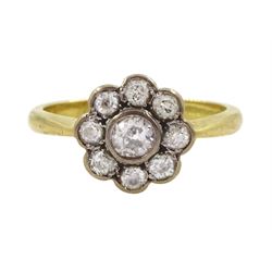 18ct gold old cut diamond flower head cluster ring, hallmarked, total diamond weight approx 0.40 carat