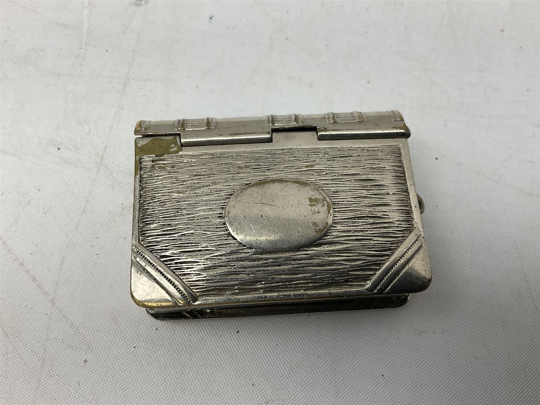 Edwardian silver plated combination vesta case and stamp holder in the form of a book, by CEB & Co, Reg. 387671, L5cm