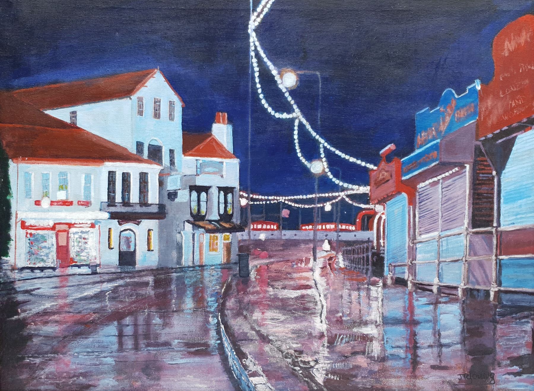 John R Young (British Contemporary): 'Just Before Dawn' Sandside Scarborough, acrylic signed, titled with artist's studio card verso 45cm x 60cm