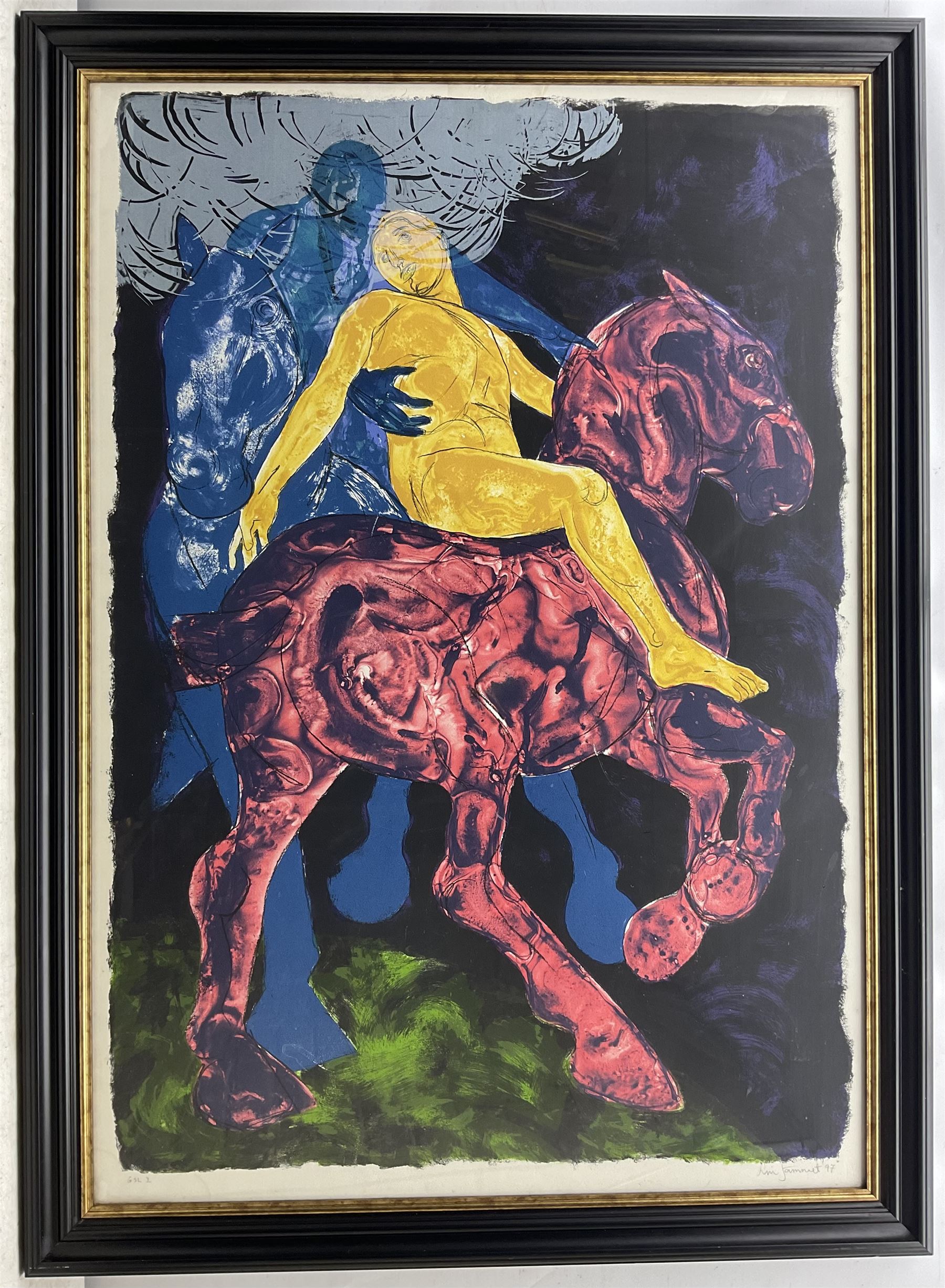 Lin Jammet (British 1958-2017): 'The Fall of Desaix', screenprint signed dated '97 and inscribed 'GSL I' (Gresham Studio Ltd) in pencil with Gamma blindstamp 115cm x 79cm 
Notes: Jammet was the son of artist Dame Elisabeth Frink (1930-1993) and French architect Michel Jammet (1921-1972). He first started printmaking during the 1970s with family friend Julian Trevelyan (1910-1988), and went on to produce prints with Curwen Chilford and Gresham Studio.