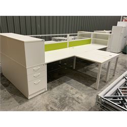 Modular two desk office system - comprising two desks, two returns, two filing drawer cabinets and one screen. Desk dimensions W160cm, D80cm, H73cm, pedestal dimensions W42cm, D80cm, H120cm - THIS LOT IS TO BE COLLECTED BY APPOINTMENT FROM DUGGLEBY STORAGE, GREAT HILL, EASTFIELD, SCARBOROUGH, YO11 3TX