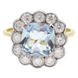 18ct gold milgrain set cushion cut aquamarine and diamond cluster ring, stamped 18ct, aquamarine approx 1.35 carat, total diamond weight approx 0.70 carat