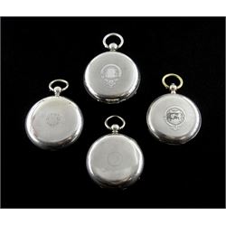 Four Victorian silver open face English lever fusee pocket watches by Horatio Smith and Robertson both London, T Graham, Cockermouth and A Routledge, Carlisle, all with engraved balance cocks and diamond endstones, white enamel dials with Roman numerals and subsidiary seconds dials, hallmarked (4)